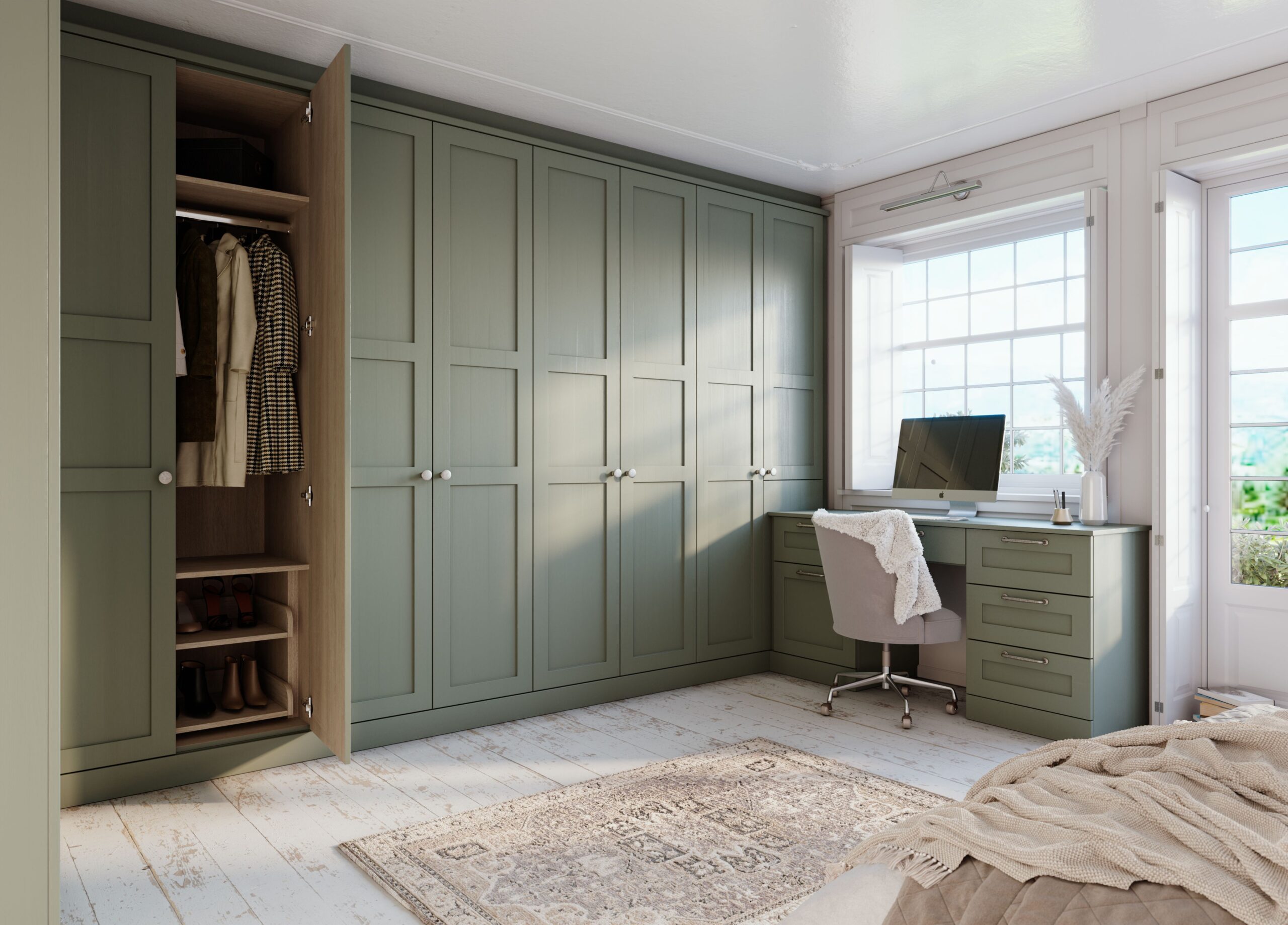 green shaker style fitted wardrobe and dressing table