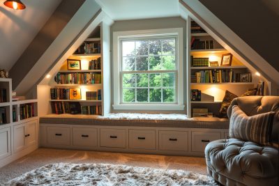 fitted bookshelves and a plush storage bench