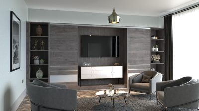 Satin silver fitted media tv unit