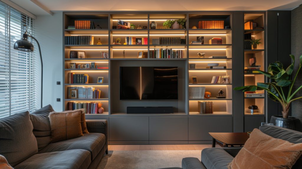 Modern living room with built-in bookshelves and entertainment center