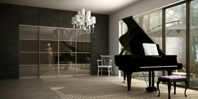 Sliding fitted storage in a music room, from the Vetrino range